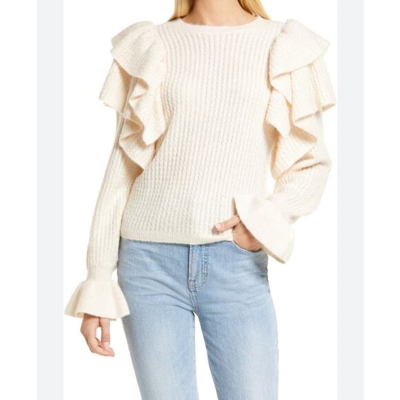 Rachel Parcell Ruffle Sleeve Pointelle Crew Neck Long Sleeve Sweater Cream XL - Picture 2 of 7